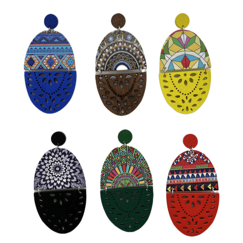 Wholesale Retro Exaggerated Wood Print Hollow Earrings